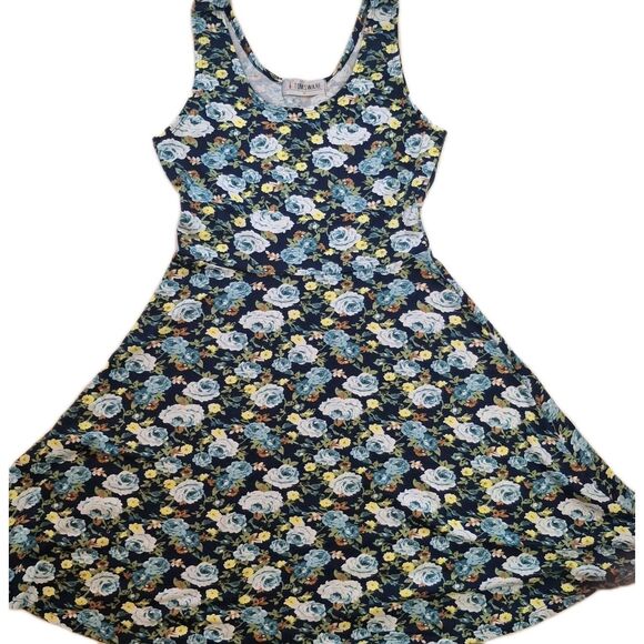 Tomsware Sz Med Jersey Stretch Blue Yellow Floral Sleeveless Y2K Skater Dress - Picture 8 of 8